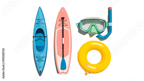 Water recreation equipment, featuring a kayak, stand-up paddleboard, snorkel, and inflatable ring.