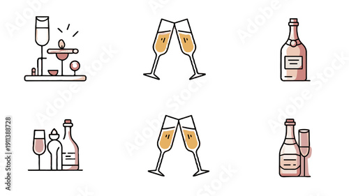 Collection of celebratory glasses and bottles for a toast.