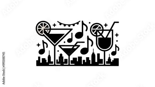 A stylish illustration of cocktails, music notes, and a city skyline.