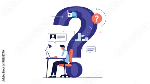 Man working on a laptop is dwarfed by a giant purple question mark representing complex problem solving and searching for digital answers.