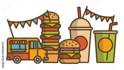 Illustration of a food truck with burgers and soft drinks.