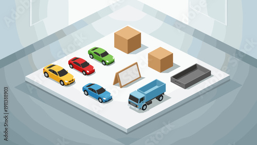 Isometric parking lot with colorful cars and delivery truck in urban
