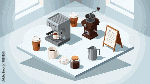 Isometric coffee shop setup with espresso machine and vintage grinder