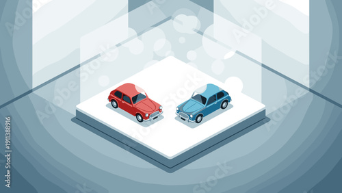 Isometric display of classic red and blue cars in modern showroom
