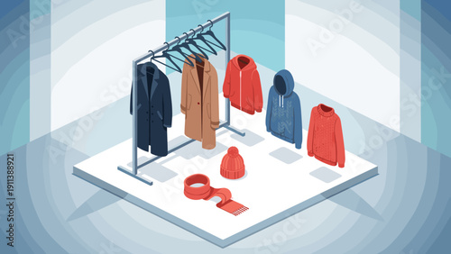 Isometric winter fashion display with coats and accessories