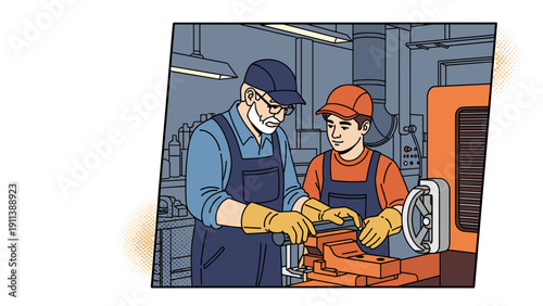 Workers collaborating in workshop: industrial scene in modern comic