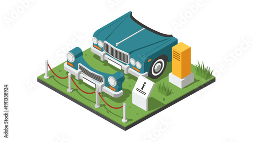 Isometric vintage car display exhibit with informational plaque in a