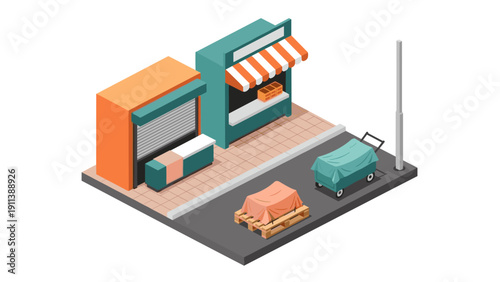 Isometric urban street market with closed stalls and covered carts