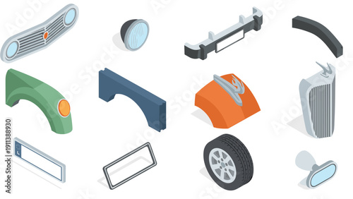 Isometric car parts collection: bumper, wheel, headlight, fender