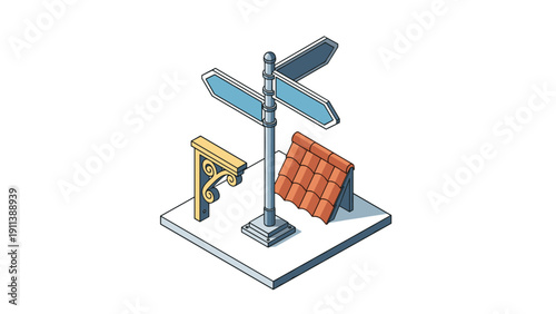 Isometric street signpost with architectural elements in minimalist