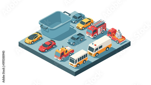 Diverse isometric vehicle collection with toy bucket on display