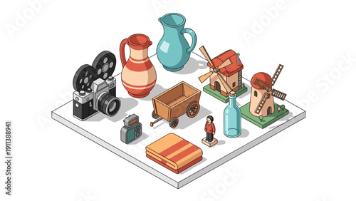 Isometric vintage collectibles display with windmill and cameras