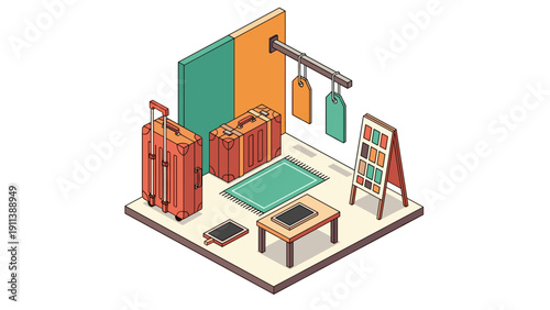 Isometric travel shop with luggage and gadgets display in modern