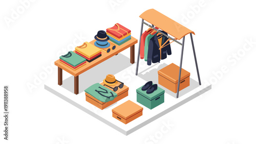 Isometric clothing store display with apparel and footwear on racks