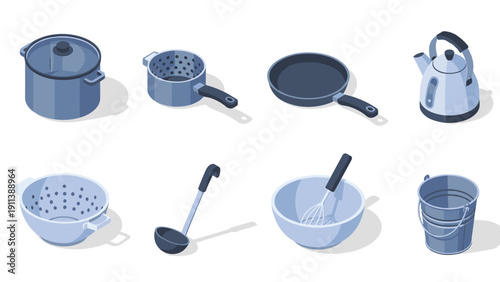 Modern kitchen utensils in isometric style on white background