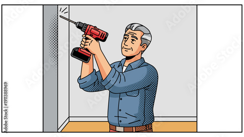 Retro comic style older man drilling wall with cordless power tool in