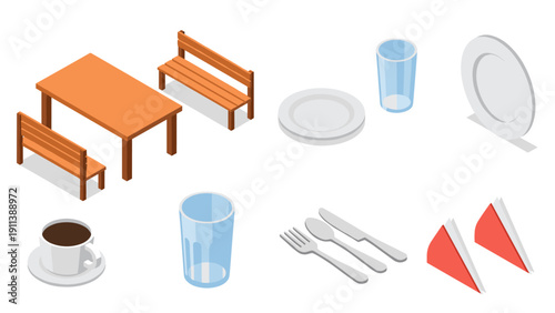 Isometric dining set with table, benches, and tableware for modern
