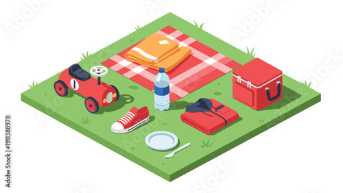 Isometric picnic scene with blanket, toy car, and refreshments on