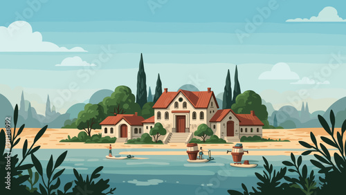 Charming lakeside villa with canoeists and scenic landscape in flat