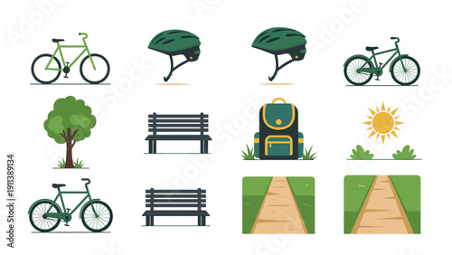 Outdoor adventure kit: bicycles, helmets, and nature elements set
