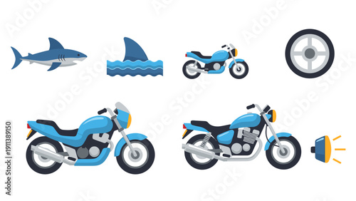 Flat design icons of motorcycles and sharks with vibrant colors
