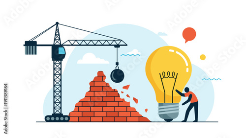 Construction crane destroys a brick wall to reveal a bright yellow light bulb symbolizing the birth of a new creative business idea.