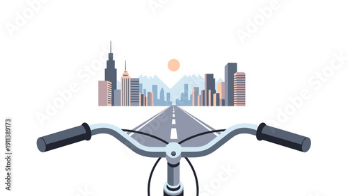 Cityscape view from bicycle handlebar on open road at sunrise
