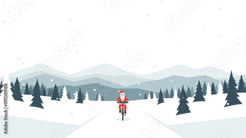 Santa claus cycling through winter wonderland forest