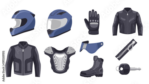 Essential motorcycle gear collection with helmets, jackets, gloves