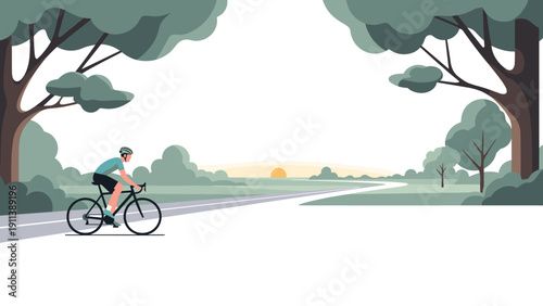 Cyclist enjoying a scenic ride through nature at sunrise in a