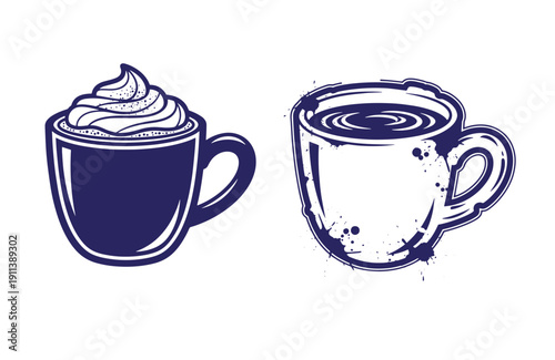 Grunge texture Two coffee cups one with whipped cream on top and the other with liquid and a swirl design on the surface in a dark blue color Vintage Style