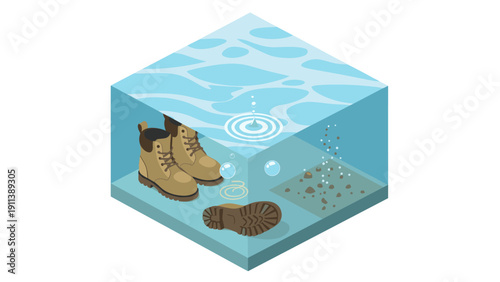 Isometric hiking boots underwater scene with bubbles and ripples