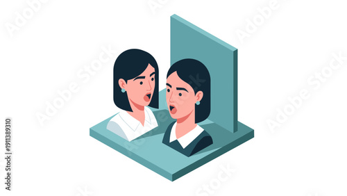 Isometric dual identity concept with surprised expression and mirror