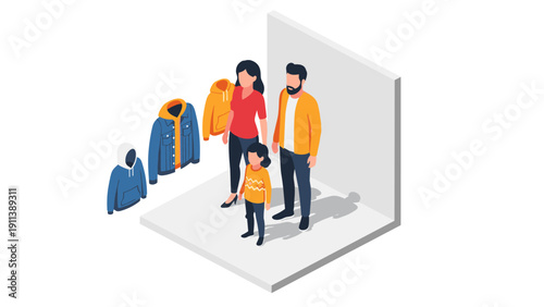 Isometric family shopping for new winter clothes in modern store