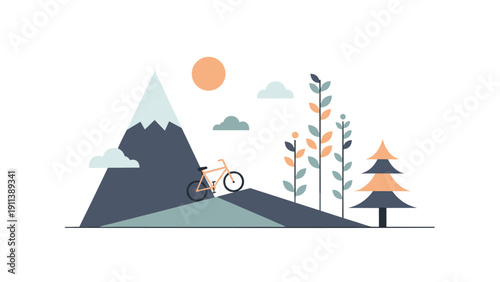 Minimalist mountain scene with bicycle and trees under the sun