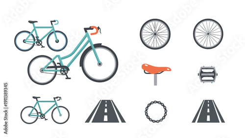 Bicycle and components set with road elements in flat design
