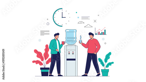 Two office workers take a short break to discuss business matters while standing next to a water cooler dispenser with abstract data charts.