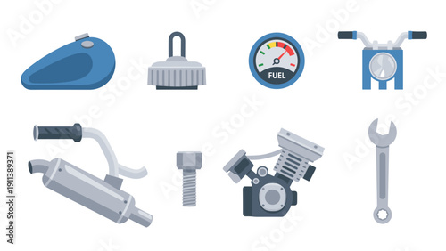 Motorcycle parts collection with flat style icons for design projects
