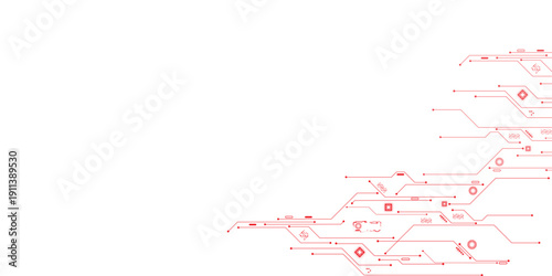 Abstract digital technology futuristic internet network speed connection red and white background. Technology background with crossed lines and dots.