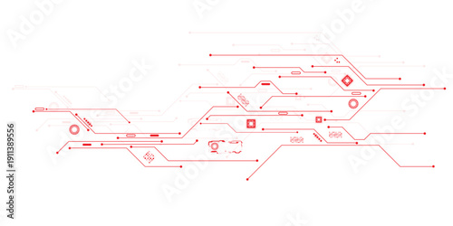 Vectors Abstract connecting red lines and dots. AIsolated abstract digital AI chip or semiconductor with circuit board wires and electronics components.