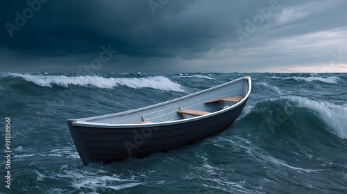 Dramatic Seascape with Small Boat in Turbulent Ocean Waves