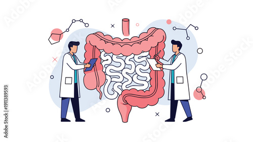 Two physicians in white coats carefully examine a large diagram of the human digestive system including the colon and small intestine.