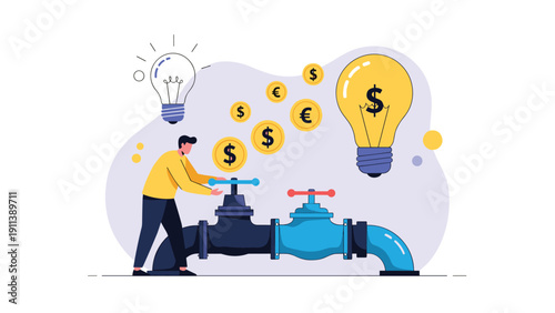 Man turns a blue valve on a large pipeline to release golden dollar and euro coins under the light of glowing creative idea bulbs.