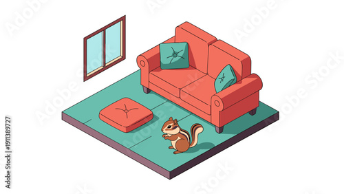 Cozy living room scene with squirrel and couch in isometric style