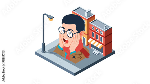 Surprised cartoon man in city block isometric design with buildings