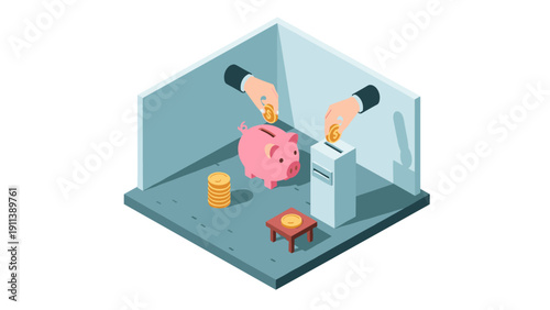 Isometric savings concept with piggy bank and coins in a 3d room