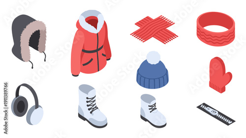 Isometric winter accessories set: coats, hats, and more for cold