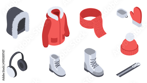 Winter clothing and accessories in isometric style: jacket, scarf
