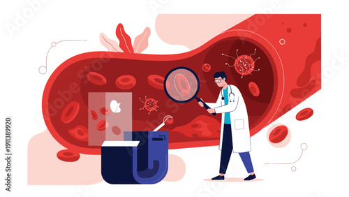 Doctor in a white lab coat uses a large magnifying glass to study red blood cells and viruses inside a massive human artery vessel.