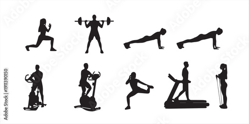 Silhouette set of weightlifting poses vector illustration of athletes performing various exercises isolated on white background